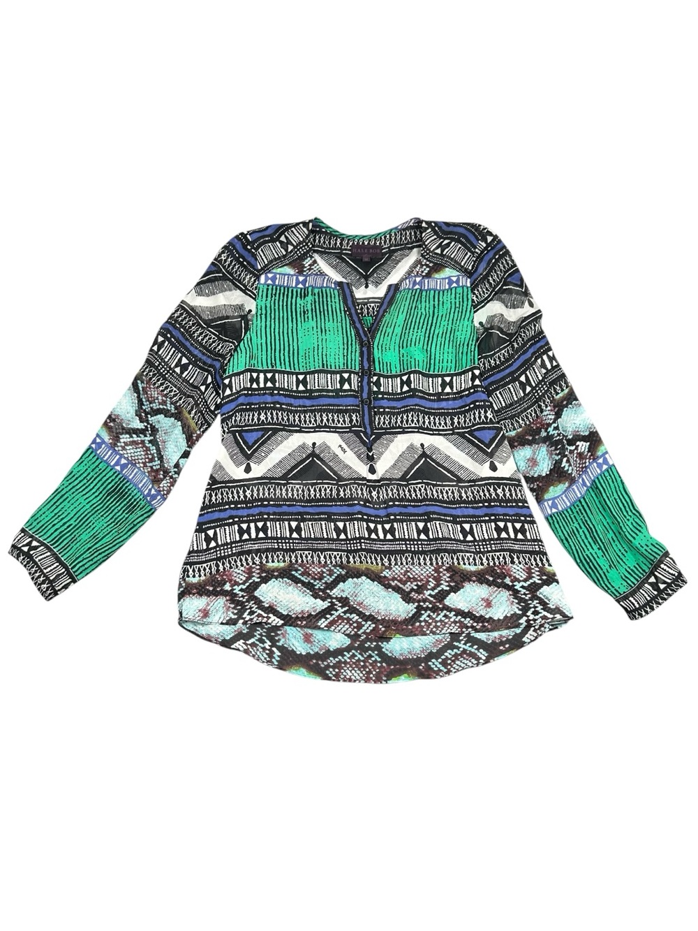 Hale Bob Silk Blend Boho Tunic Top Green Black Geometric Print Long Sleeve SZ M